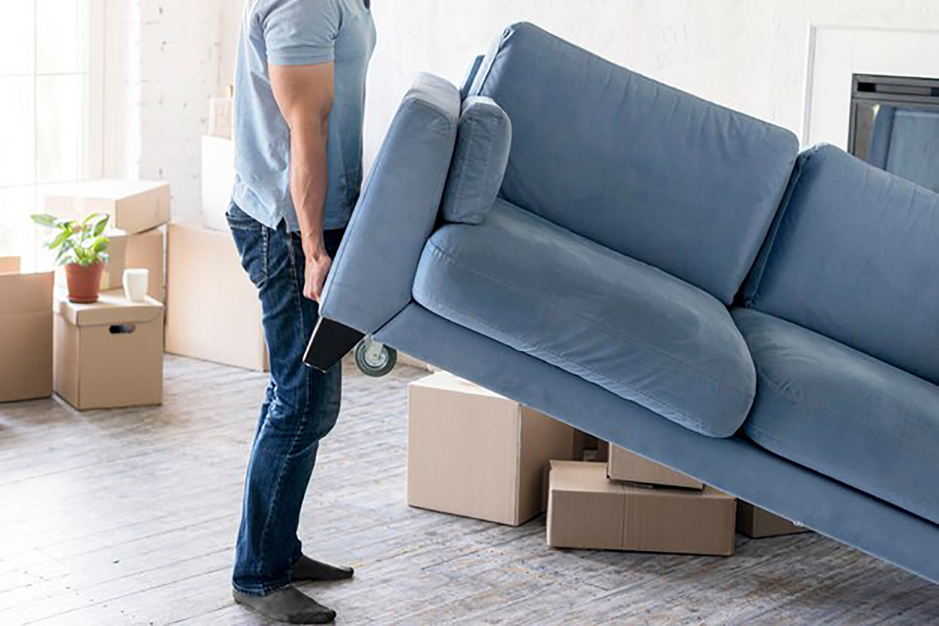 Person lifting a blue sofa with moving boxes and a plant nearby—home relocation in progress.
